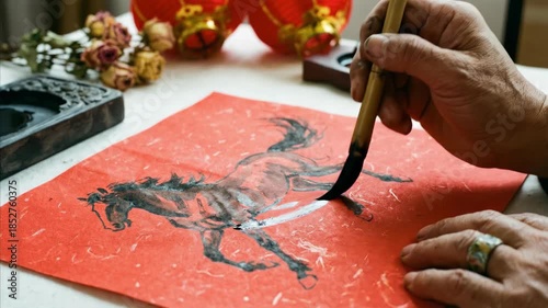 Man painting chinese zodiac horse on red paper with brush. Traditional calligraphy art for lunar new year celebration. Handcrafted festive decoration process.