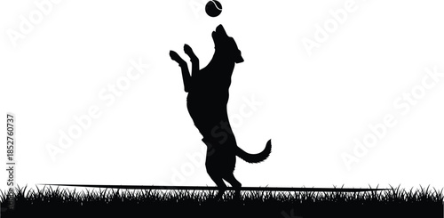 Silhouette of a German Shepherd dog jumping to catch a tennis ball on grass field, isolated vector illustration of pet play and training.