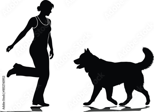 Silhouette of a young woman playfully dancing and training her loyal husky dog ​​outdoors, isolated black and white vector illustration for pet care