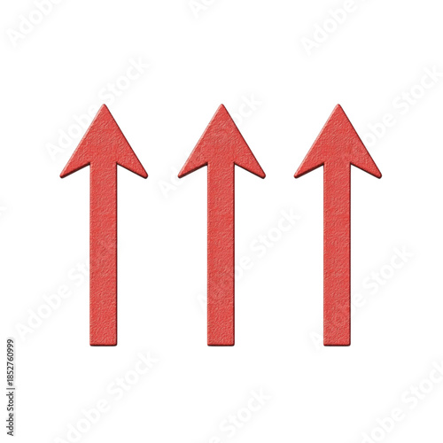 Three red arrows pointing upward with textured surface on transparency background, symbolizing direction, progress, and movement in bold and clear design