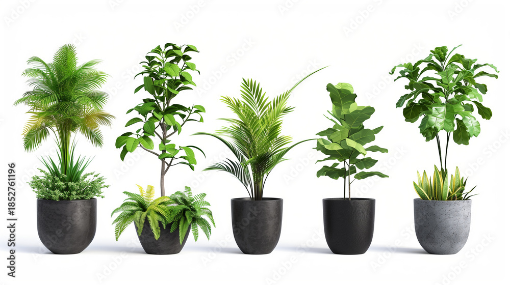Obraz premium A collection of five potted plants with various leaf shapes on a white background