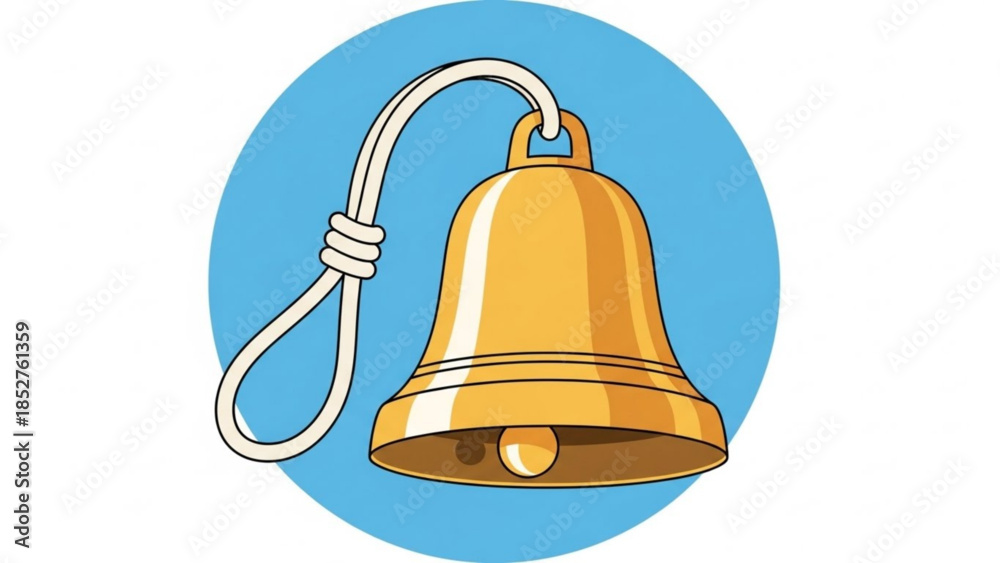 Obraz premium Golden bell with rope loop a simple vector illustration for notification or alarm concepts isolated on blue circle backgro