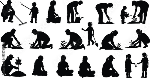 Silhouettes of people gardening, family planting trees, children watering plants, farmers working in garden, nature silhouettes set isolated on white background, community farming collection.