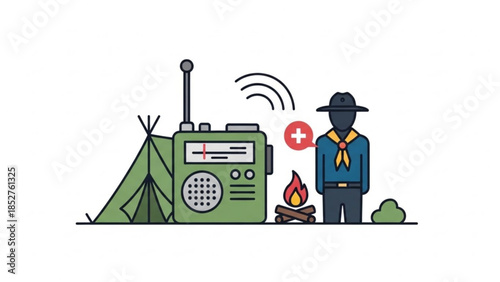 Scout with radio and tent camping communication concept flat vector illustration on white background
