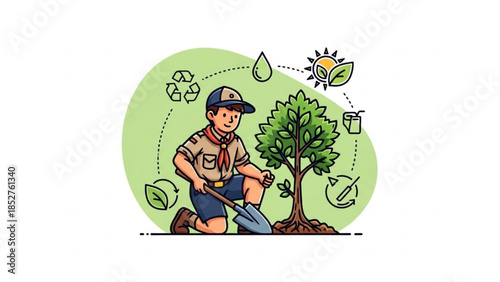 Scout planting a tree environmental conservation concept with recycling and nature icons flat illustration for eco awarene