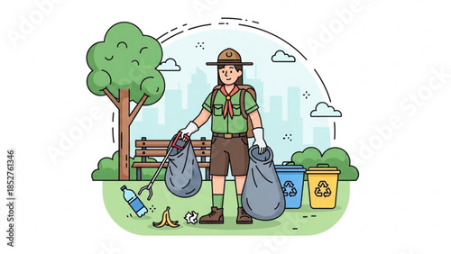 Scout cleaning park with trash bags environmental protection concept flat vector illustration on white background