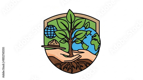 Eco-friendly conservation emblem hands holding a growing plant with earth and globe for nature and environmental protectio