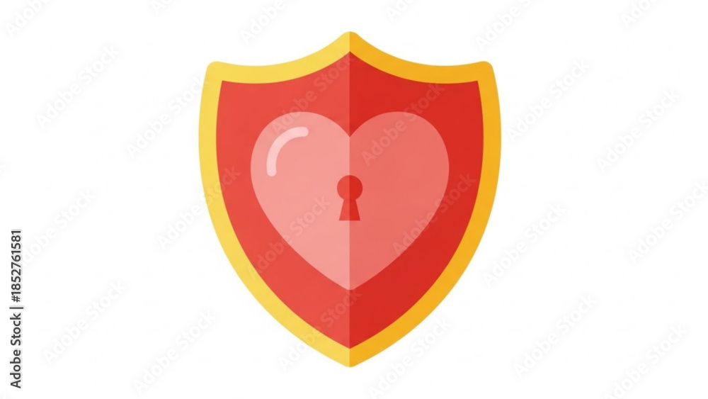 Fototapeta premium Red shield with heart and keyhole symbol of love protection and security flat vector illustration on white background