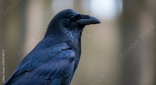 Close up of a black raven bird with dark feathers and a sharp beak.