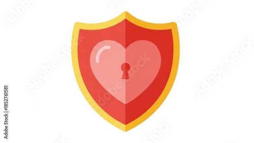 Red shield with heart and keyhole symbol of love protection and security flat vector illustration on white background