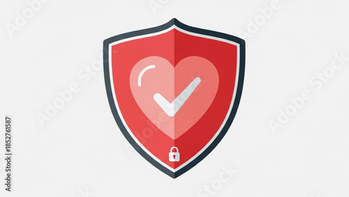 Red shield with heart and checkmark security concept for health and safety flat vector illustration on white background