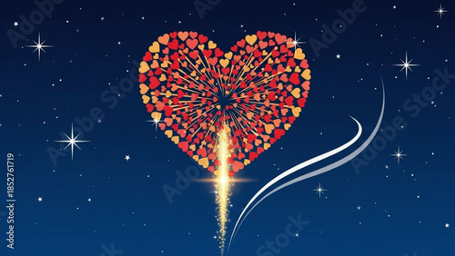 Heart shaped firework exploding with small hearts symbolizing love and celebration against a starry night sky