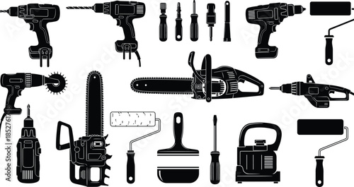 Title Set of professional power tools and hand equipment silhouettes, including electric drills, chainsaws, screwdrivers, paint rollers, and saws for construction and home renovation.