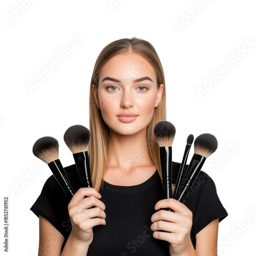 Young woman holding makeup brush set, natural makeup look, smooth skin, blonde hair, beauty concept, confident expression