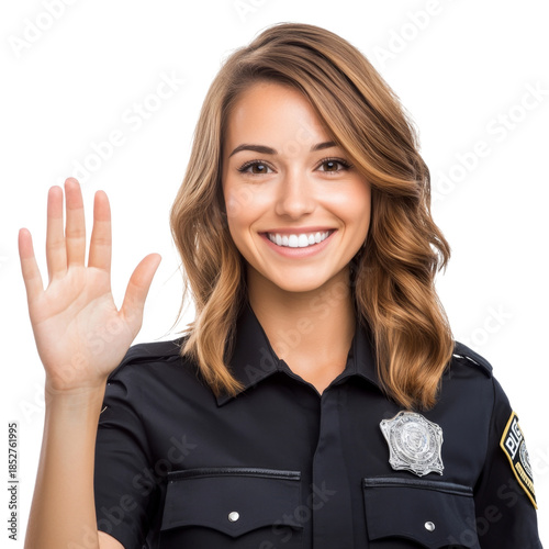 Friendly female police officer smiling and waving hand, wearing dark uniform with badge, showing positive and welcoming gesture with confident expression