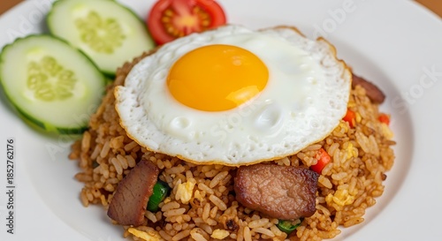 Delicious Nasi Goreng with Fried Egg and Sliced Cucumber.