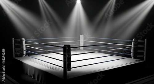Empty boxing ring with bright spotlights illuminating the canvas in a dark arena, ready for a fight.