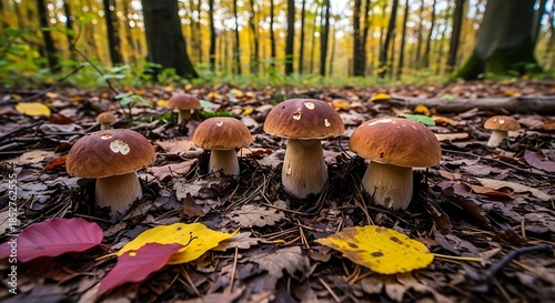 Forest Floor Mushrooms in Autumn Sunlight.
