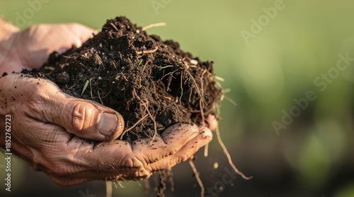 A close-up of hands holding rich, dark soil with roots, showcasing the importance of healthy earth in agriculture and gardening.