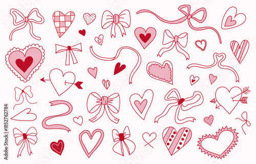 Valentine doodle set with hearts, bows and ribbons. Cute hand-drawn love elements