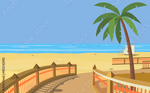 Flat vector illustration of a tropical beach of Goa with a wooden boardwalk leading to the ocean and a palm tree.