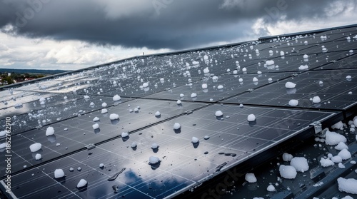 A solar panel roof covered with hailstones under a cloudy sky, showcasing the impact of weather on renewable energy systems.