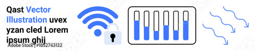 wireless symbol with lock icon, bar chart representing signal strength, and airflow lines. Ideal for networking, data security, IoT devices, wireless technology, internet, data flow simple landing