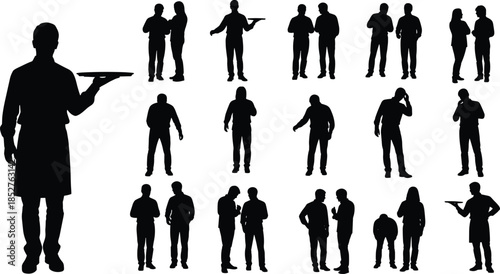 Waiters and Waitresses silhouettes, restaurant staff serving food on trays, business people talking in cafe, catering service workers, people group standing and talking,