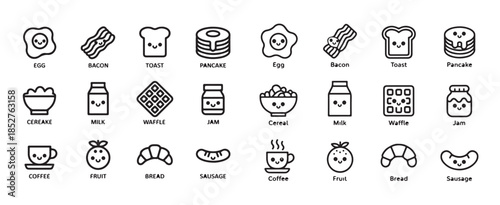 Cute kawaii line art icons collection of breakfast food items for morning meal design