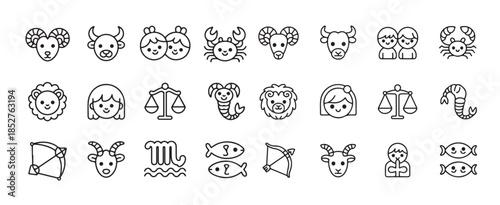 Charming kawaii line icons representing zodiac signs and astrological symbols for horoscope themes