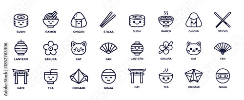 Adorable Japanese culture line art icons covering food stationery and traditional objects collection