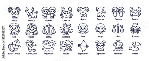 Cute kawaii line art zodiac signs icons representing all twelve astrological constellations characters