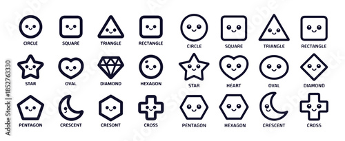 Collection of basic geometric shapes with cute happy faces perfect for learning simple icons