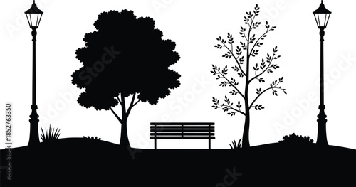 Park Bench Silhouette with Trees and Street Lamps Black Vector Illustration.