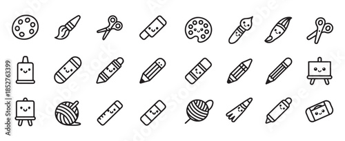 Cute collection of kawaii doodle art and craft supplies icons set for creative projects