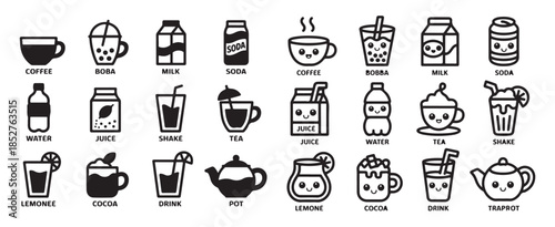 Refreshing collection of cute beverage and drink icons perfect for cafe or refreshment designs