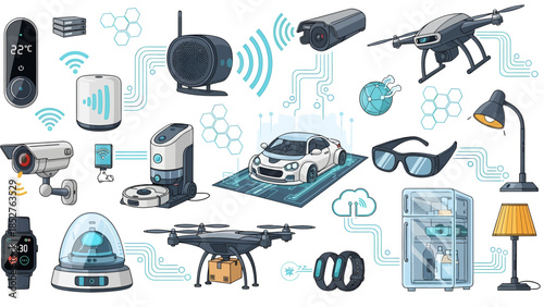 Collection of smart home devices, IoT gadgets, and futuristic technology illustrations