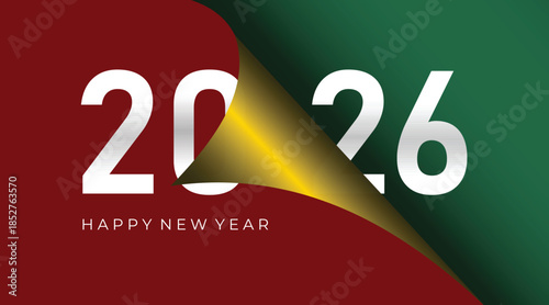 Festive 2026 New Year greeting featuring bold white numerals over a red and green backdrop with a gold peel-back corner. Ideal for holiday cards, banners, and seasonal marketing campaigns.