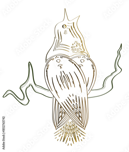 Abstract singing bird perched on a tree branch, stylized nature illustration, modern vector graphic