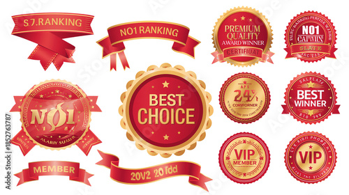 Collection of red and gold award ribbons, badges, and labels for quality and achievement