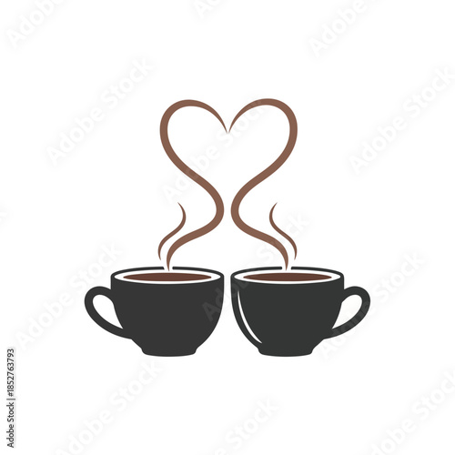 Two Warm Coffee Mugs with Heart-Shaped Steam Illustration