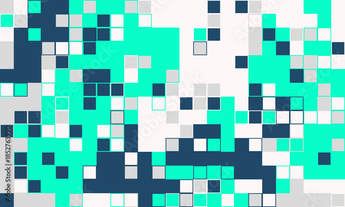 Abstract pixel art background. Vibrant teal, gray, and white squares create a dynamic, modern design perfect for tech, website banners, or presentations.