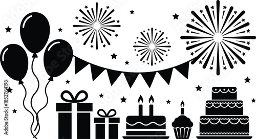 Birthday celebration party icons with balloons, fireworks, cakes, gifts, banners, festive decorations, cupcake elements, and celebration symbols in black silhouette style
