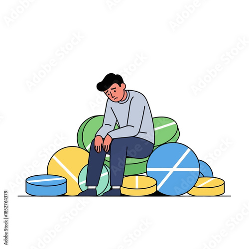 Young man sitting on large colorful abstract shapes indicating contemplation and creativity