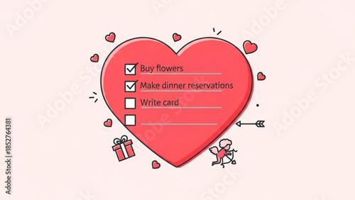 Valentines Day to-do list in a red heart shape with tasks like buying flowers and making reservations perfect for romantic