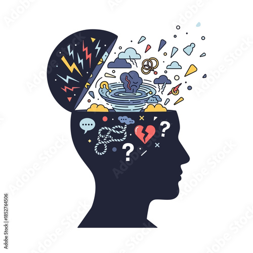 Intricate illustration of a human head filled with abstract and surreal thoughts representing