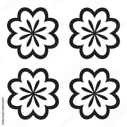 This image features four beautifully stylized floral patterns in black and white. Each flower has six distinct petals, arranged symmetrically around a central point. The design is minimalist 