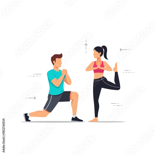 High-Resolution Illustration of a Couple Engaged in Yoga Practice with Seated and Standing Poses