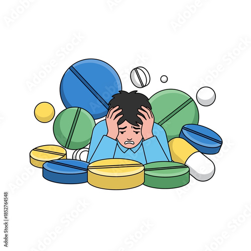 Young man overwhelmed by an array of colorful pills and capsules representing medication overload