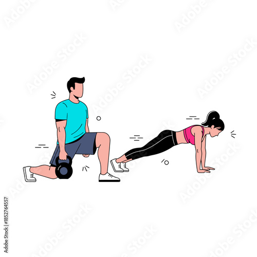 Dynamic Exercise Illustration Showing Strength Training and Cardio Movements in a Minimalist Style